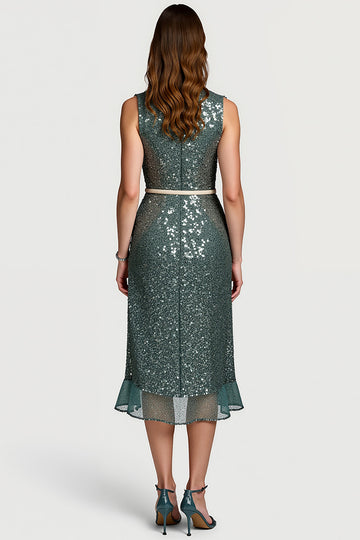 Sparkly Tight Grey Green Work Dress with Sequins